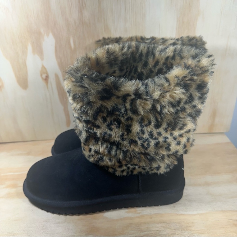 Koolaburra Black Suede Boots with Leopard Faux-Fur Cuff